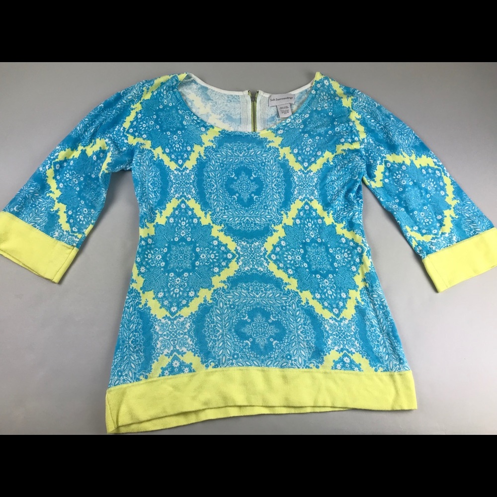 SOFT SURROUNDINGS Blue Yellow Soft Knit Top Pxs